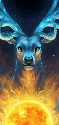 This live wallpaper features a realistic deer surrounded by colorful planets, set against a black background with fiery blue flames