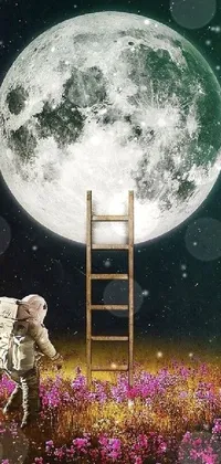 This surrealistic live wallpaper depicts an astronaut walking towards a full moon in a lush field, with a ladder standing in the backdrop