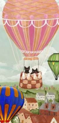 This live wallpaper depicts a charming, storybook-like scene of a cat in a hot air balloon, drifting over a delightful Parisian landscape