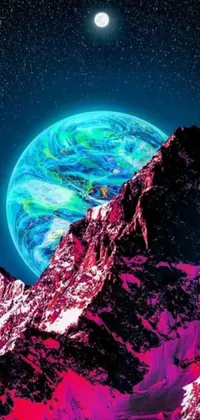 This phone live wallpaper showcases a digital art of the earth viewed from atop an Alpine mountain range