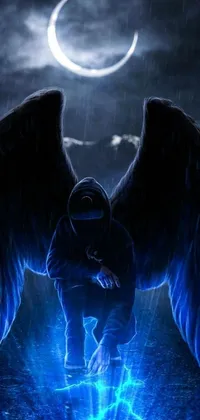 This live wallpaper features a stunning digital art depiction of an angel and the Grim Reaper against a full moon