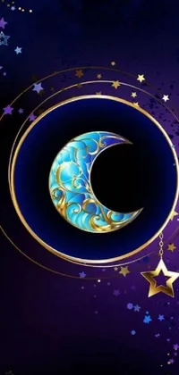 This live phone wallpaper features a captivating image of a blue and gold moon surrounded by sparkling stars, creatively depicted in digital art