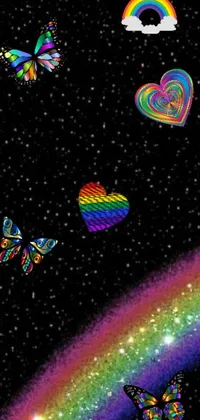 Looking for a unique and vibrant phone live wallpaper? Look no further than this stunning creation, featuring a rainbow and a swarm of colorful butterflies