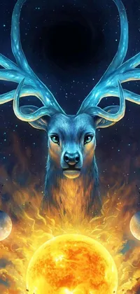 This phone live wallpaper depicts a stunning painting of a deer amidst an outer space background, inspired by fantasy art