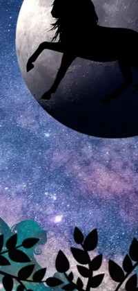 This live phone wallpaper showcases a stunning black silhouette of a unicorn in front of a full moon