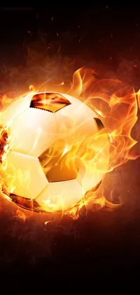 This soccer-inspired live wallpaper features a stunning ball aflame with red and yellow flames set against a sleek black backdrop