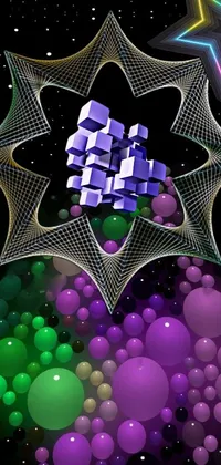 This live wallpaper features captivating generative art, showcasing a cluster of purple and green balls floating in outer space