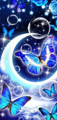 This phone live wallpaper features a mesmerizing and surreal scene with a blue moon surrounded by blue roses and butterflies