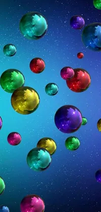 This phone live wallpaper features a colorful bunch of balloons floating in the air against a blue background