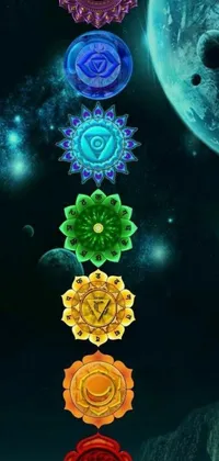 Get this stunning live wallpaper featuring seven chakras, each represented by a different color and intricate patterns