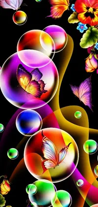 This phone live wallpaper features a beautiful painting of colorful butterflies and shimmering bubbles on a black background