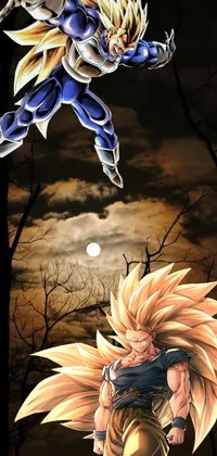 This phone live wallpaper features a breathtaking painting of two anime characters, with a full moon in the background