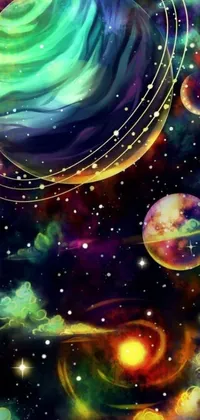 This outstanding phone live wallpaper features a mesmerizing space scene complete with planets and stars set against a breathtaking galactic background