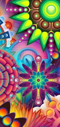 This phone live wallpaper features vibrant and detailed vector artwork in 4k definition with brightly colored flowers, shapes and adornments that make use of refractive display to create a mesmerizing psychedelic effect
