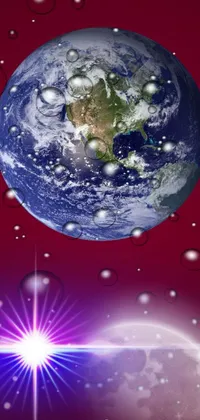 This dynamic phone live wallpaper showcases a mesmerizing digital work of art depicting the earth encircled by vivid bubbles on a red backdrop