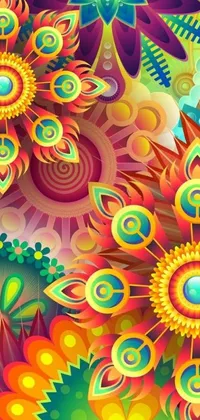 Decorate your phone with this vector art live wallpaper featuring a bunch of vibrant, colorful flowers and fiery explosions on a table