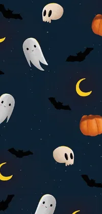 Get into the Halloween spirit with this dark sky live wallpaper pattern featuring ghosts, pumpkins, and bats! This cartoon-style Tumblr-inspired design is perfect for those who want a spooky and fun phone screen