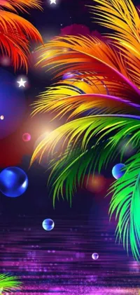 Transform your phone's home screen into a tropical paradise with this beautiful live wallpaper! Featuring swaying palm trees and colorful bubbles rising up to the sky, this vector art-depicts a mesmerizing and psychedelic scene