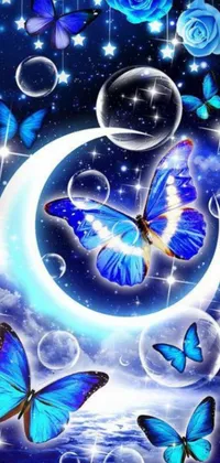 This captivating wallpaper for your phone features fluttering butterflies around a stunning blue rose moon, creating a magical and romantic ambiance