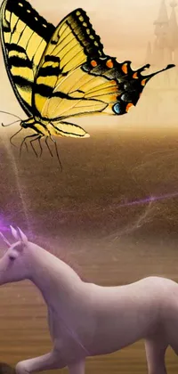 This live wallpaper showcases a captivating digital artwork of a unicorn and a butterfly in a magical setting