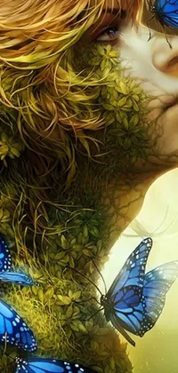 This live phone wallpaper features intricate digital artwork of a woman with blue butterflies on her face, paired with a stunning fantasy image of a woman made of plants tenderly touching the earth