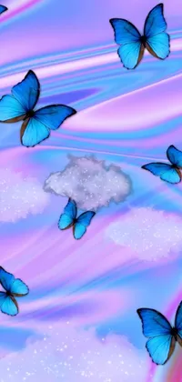 This exquisite phone live wallpaper features a group of serene blue butterflies, fluttering over a surreal cloud formation
