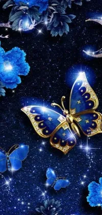 This phone live wallpaper showcases breathtaking blue flowers and fluttering butterflies set against a starry night sky