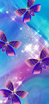 Download this mesmerizing phone live wallpaper featuring three purple and blue butterflies in flight