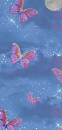 This phone live wallpaper features a delightful and fanciful scene of pink butterflies prancing through a starry night sky