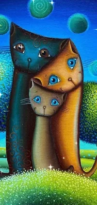 This live wallpaper for phones depicts a charming pointillism artwork of two cats cuddling
