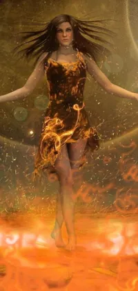 Enjoy a dynamic and magical live wallpaper featuring a woman in an elegant dress casting a fire spell