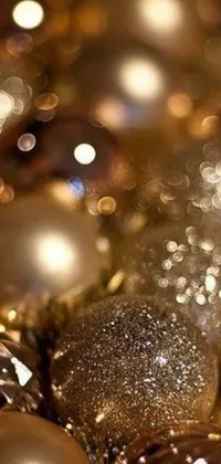 This Christmas live wallpaper features an elegant pile of shiny balls on a table, with baroque-inspired design elements and warm beige and gold tones