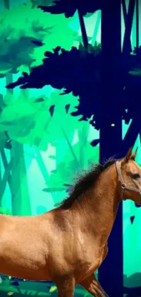 Experience the enchanting beauty of nature with our phone live wallpaper featuring a brown horse meandering through a verdant forest
