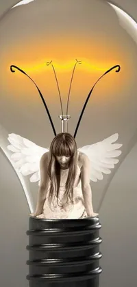 Get mesmerized by the unique and surreal digital art wallpaper featuring a woman sitting atop a light bulb with angel wings