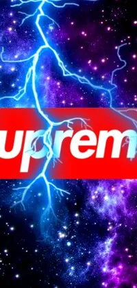 This lively and engaging phone live wallpaper features a vibrant red supreme box logo, surrounded by flickering lightning and a mesmerizing subterranean galaxy