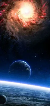 This space-themed live phone wallpaper features a view of planet Earth from space with a captivating spiral galaxy in the background
