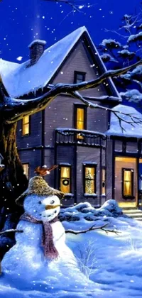 This phone live wallpaper features a charming winter scene with a vibrant snowman standing in front of an inviting house