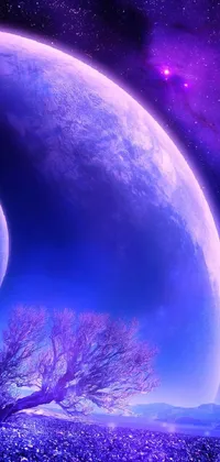 This mobile live wallpaper features a beautiful sci-fi scene with two planets floating in the sky, surrounded by a deep blue atmosphere
