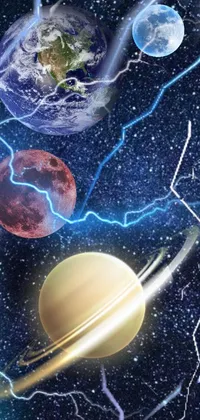 This live wallpaper features a mesmerizing view of a set of rotating planets surrounded by lightning bolts, futuristic crypto logos, and other captivating sci-fi designs, all set against a stunning cosmic backdrop