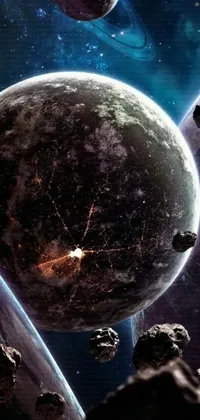 This is a captivating live wallpaper for your phone that showcases a group of planets in the sky