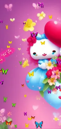 This ultra HD 4K phone live wallpaper features a charming couple of Hello Kitty holding a bunch of flowers with beautiful art