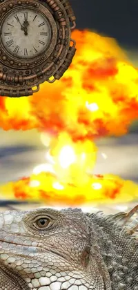 This <a href="/">phone live wallpaper</a> features a striking close up of a colorful lizard, set against a dramatic backdrop of a nuclear explosion
