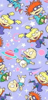 This live wallpaper features a vibrant purple background adorned with playful cartoon characters, including favorites like Rugrats, set against an alien fabric backdrop