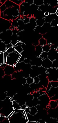 This live phone wallpaper features chemical formulas and DNA helix structures set on a neoplasticism-inspired black and white design with red accents