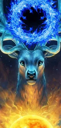 This phone wallpaper features a stunning image of a deer standing before a bright sun set against a backdrop of blue fire, making it a remarkable work of art characterized by its Sots-style