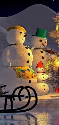 This phone live wallpaper showcases a delightful winter scene with a group of snowmen and a sparkling Christmas tree