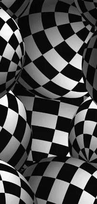 This phone live wallpaper features a captivating 3D image of black and white balls arranged in a dynamic and curving pattern inspired by op art