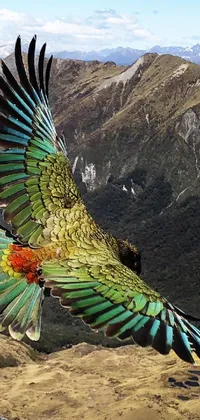 This live wallpaper for your phone boasts a stunning depiction of a colorful bird taking flight high above a treeline