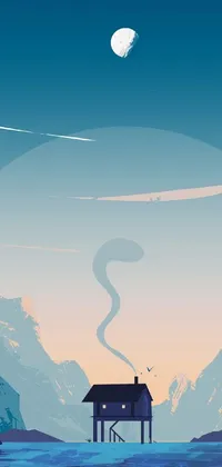 Enhance your phone home screen with a lake house live wallpaper showcasing mountains and a majestic dragon against contrail emblazoned skies