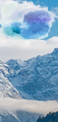 Indulge in the serene and relaxing scenery with this live wallpaper for your phone! This minimalistic Swiss modernist design inspired by nature is based on a digital painting of a snow-covered mountain with a cloud in the sky